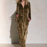 Vintage Utility Camo Olive Velvet Hooded Zip-Up Wide Leg Long Sleeve Jumpsuit