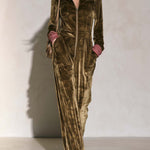 Vintage Utility Camo Olive Velvet Hooded Zip-Up Wide Leg Long Sleeve Jumpsuit