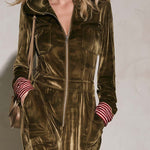 Vintage Utility Camo Olive Velvet Hooded Zip-Up Wide Leg Long Sleeve Jumpsuit