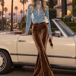Retro Chic Blue Velvet Ruffle Top & Leopard Print Wide-Leg Pants Set