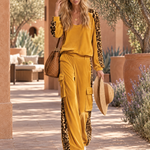 Retro Chic Yellow Leopard Print Velvet Top & Wide-Leg Pants Set
