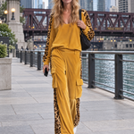 Retro Chic Yellow Leopard Print Velvet Top & Wide-Leg Pants Set