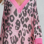 Stylish Loose-Fit Pink Leopard-Print V-Neck Knitted Maxi Dress