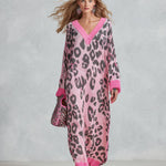 Stylish Loose-Fit Pink Leopard-Print V-Neck Knitted Maxi Dress