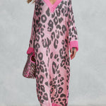 Stylish Loose-Fit Pink Leopard-Print V-Neck Knitted Maxi Dress