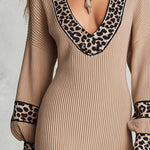 Vintage-Elegant Leopard-Trimmed Khaki Ribbed Knit Maxi Dress