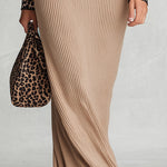 Vintage-Elegant Leopard-Trimmed Khaki Ribbed Knit Maxi Dress