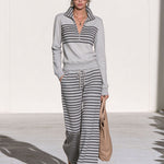 Casual Sporty Striped Light Gray Sweatshirt And Pants Set