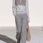 Casual Sporty Striped Light Gray Sweatshirt And Pants Set