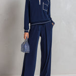 Classic Sporty Trimmed Deep Blue Cotton Sweatshirt And Wide-Leg Pants Set