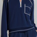 Classic Sporty Trimmed Deep Blue Cotton Sweatshirt And Wide-Leg Pants Set