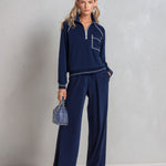 Classic Sporty Trimmed Deep Blue Cotton Sweatshirt And Wide-Leg Pants Set