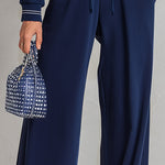Classic Sporty Trimmed Deep Blue Cotton Sweatshirt And Wide-Leg Pants Set