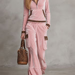 Retro Sporty Pink Velvet Leopard-Trim Hooded Half-Zip Top And Cargo Wide-Leg Pants Set