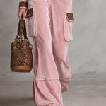 Retro Sporty Pink Velvet Leopard-Trim Hooded Half-Zip Top And Cargo Wide-Leg Pants Set