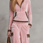Retro Sporty Pink Velvet Leopard-Trim Hooded Half-Zip Top And Cargo Wide-Leg Pants Set
