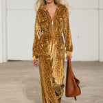 Casual Retro Zip-up Striped Leopard Print Gold Velvet Hooded Jumpsuit