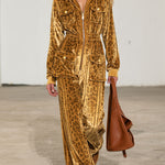 Casual Retro Zip-up Striped Leopard Print Gold Velvet Hooded Jumpsuit