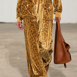 Casual Retro Zip-up Striped Leopard Print Gold Velvet Hooded Jumpsuit