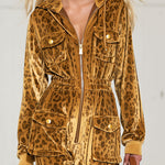 Casual Retro Zip-up Striped Leopard Print Gold Velvet Hooded Jumpsuit