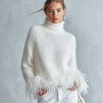 Classic Down-Proof Hem White Mohair Turtleneck Sweater