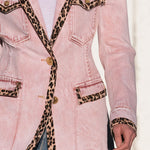 Casual Retro Leopard Print Faded Pink Denim Workwear Blazer