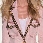 Casual Retro Leopard Print Faded Pink Denim Workwear Blazer