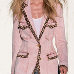 Casual Retro Leopard Print Faded Pink Denim Workwear Blazer