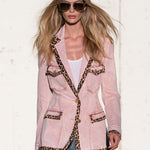 Casual Retro Leopard Print Faded Pink Denim Workwear Blazer