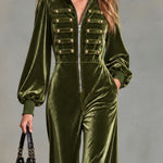 Retro Elegant Olive Green Velvet Military Gold-Button Stand-Collar Zip-Up Wide-Leg Jumpsuit