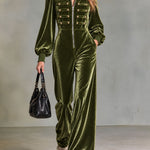 Retro Elegant Olive Green Velvet Military Gold-Button Stand-Collar Zip-Up Wide-Leg Jumpsuit