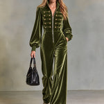 Retro Elegant Olive Green Velvet Military Gold-Button Stand-Collar Zip-Up Wide-Leg Jumpsuit