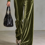 Retro Elegant Olive Green Velvet Military Gold-Button Stand-Collar Zip-Up Wide-Leg Jumpsuit