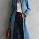Long Denim  Red Lace Trim Duster Coat