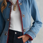 Long Denim  Red Lace Trim Duster Coat