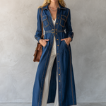 Belted Indigo Contrast Stitching Denim Duster Coat