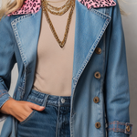 Pink Leopard Collar Denim Trench Coat