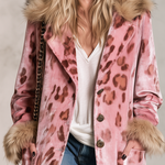Retro Elegant Pink Leopard Velvet Faux Fur Trim Longline Coat