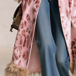 Retro Elegant Pink Leopard Velvet Faux Fur Trim Longline Coat