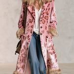 Retro Elegant Pink Leopard Velvet Faux Fur Trim Longline Coat