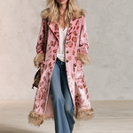 Retro Elegant Pink Leopard Velvet Faux Fur Trim Longline Coat