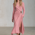 Retro Elegant Dusty Pink Mohair Wrap Gold Buckle Side Slit Midi Dress