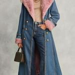 Pink Faux Fur Trim Long Denim Coat