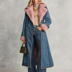 Pink Faux Fur Trim Long Denim Coat