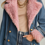 Pink Faux Fur Trim Long Denim Coat