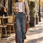Casual Retro Faded Red And Blue Workwear Jeans