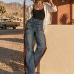 Casual Retro Faded Red And Blue Workwear Jeans