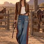Casual Retro Faded Red And Blue Workwear Jeans