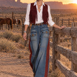 Casual Retro Faded Red And Blue Workwear Jeans