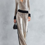Women's Ivory Polka-Dot Print Velvet Top and Lace-Trimmed Wide-Leg Pants Set